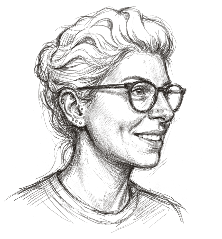 Bleistiftskizze von Sarah: lächelnd